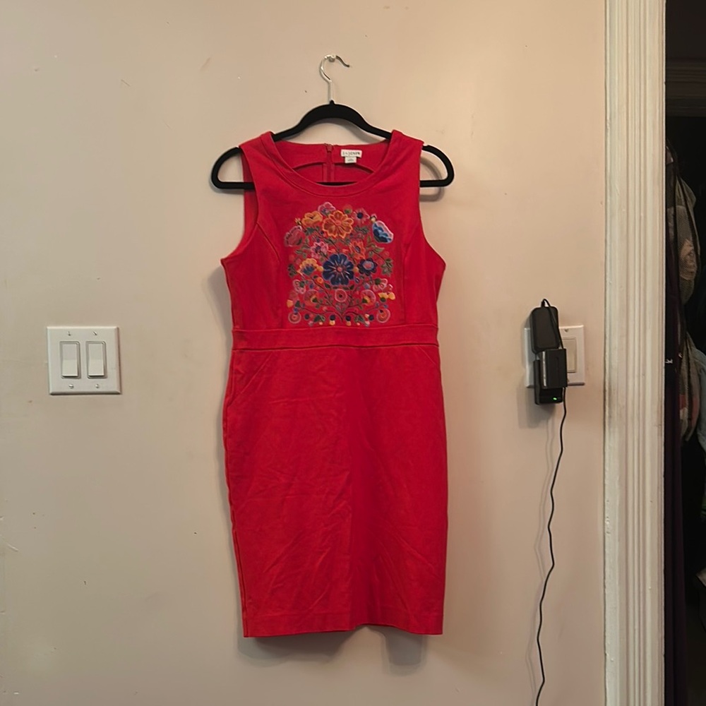 J. Crew Red Sheath Mini Dress Scoop Neck Sleeveless Dress with Faux Embroidery